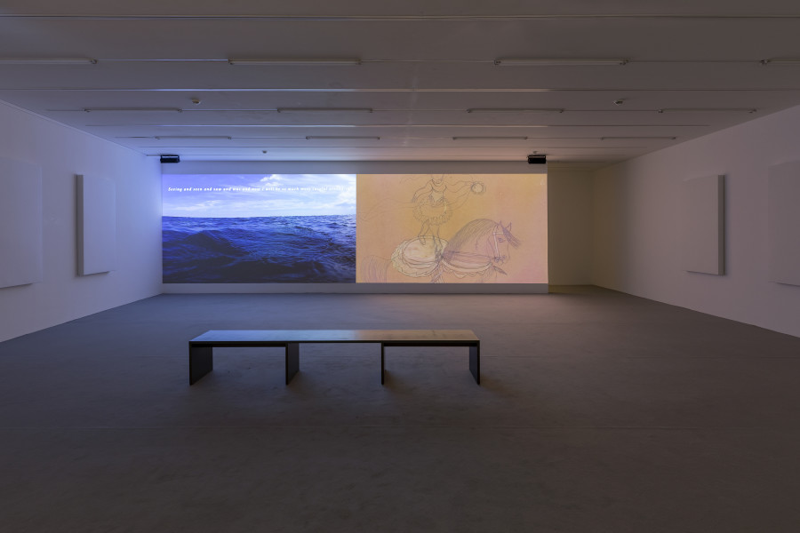 Installation view ‘Sky Hopinka – Behind the evening tide’, Luma Westbau, Zurich. Photo: Nelly Rodriguez