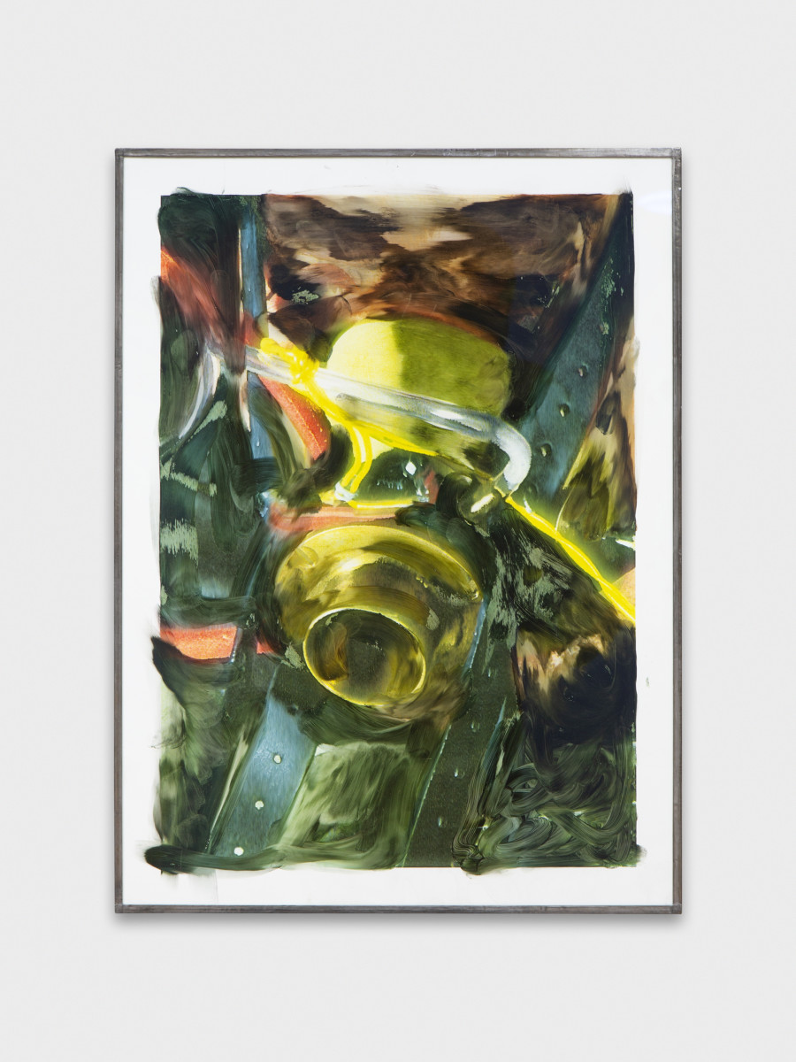 Jean-Vincent Simonet, Untitled (heirloom), 2022, Inkjet print on plastic foil, fingertips intervention, handmade lead frame, anti-reflective glass, 42 × 31cm. Photography:  Philipp Rupp / Julien Gremaud. Courtesy of Sentiment and the artist