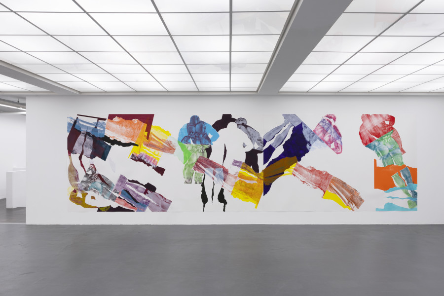 Pia Fries, durch sieben siebe, 2022. Acryl auf Papier, ortsspezifische Installation. Courtesy: Pia Fries, Mai 36 Galerie, Zürich, Miles McEnery Gallery New York.  Ausstellungsansicht / Installation view Kunsthaus Baselland 2023. Foto / Photo: Gina Folly  © Pia Fries / 2023 ProLitteris, Zürich