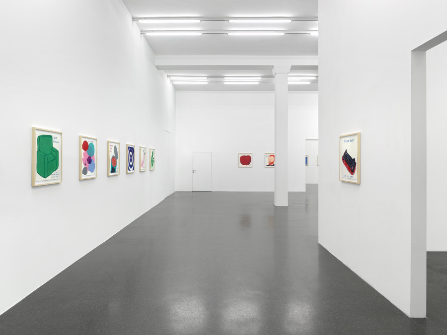 Installation view, David Shrigley, Proposals for Record Covers, Galerie Francesca Pia, Zurich, 2022. Photo: Annik Wetter