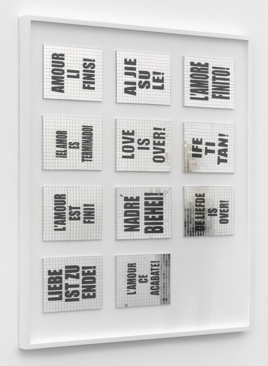 Rochelle Feinstein, Love is Over, 2008. Silkscreen glass ink, mirror on canvas board, framed, 122 × 104 cm ( 48 x 41 inches ), FEINS112154