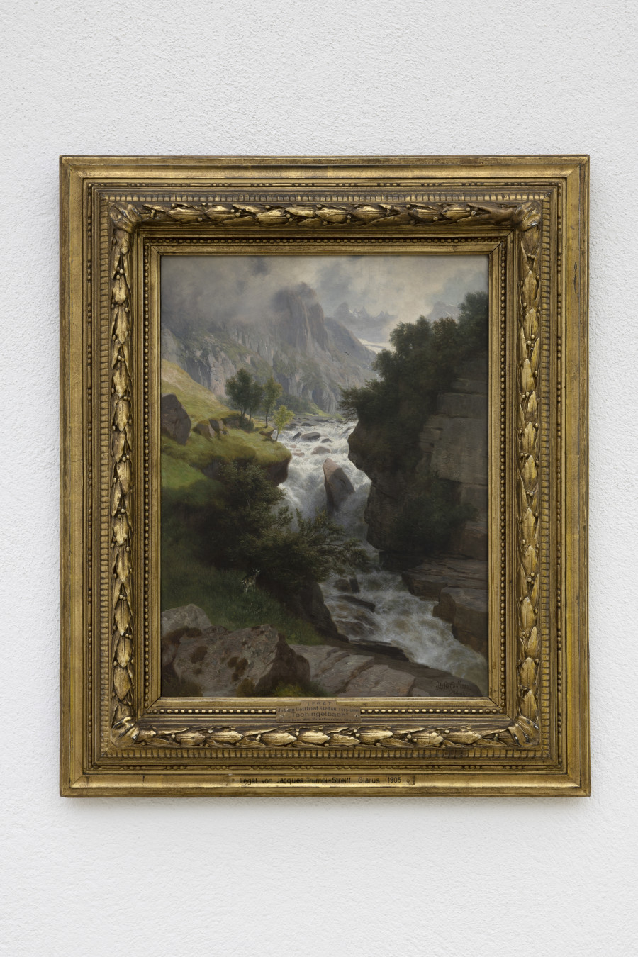 Johann Gottfried Steffan, Tschingelbach bei Elm, 1883. Oil on canvas, 43 x 31,5 cm. Collection Glarner Kunstverein. Megan Francis Sullivan, Wolkenstudie, installation view, Kunsthaus Glarus, 2024. Photo: Gina Folly. Courtesy of the artist.