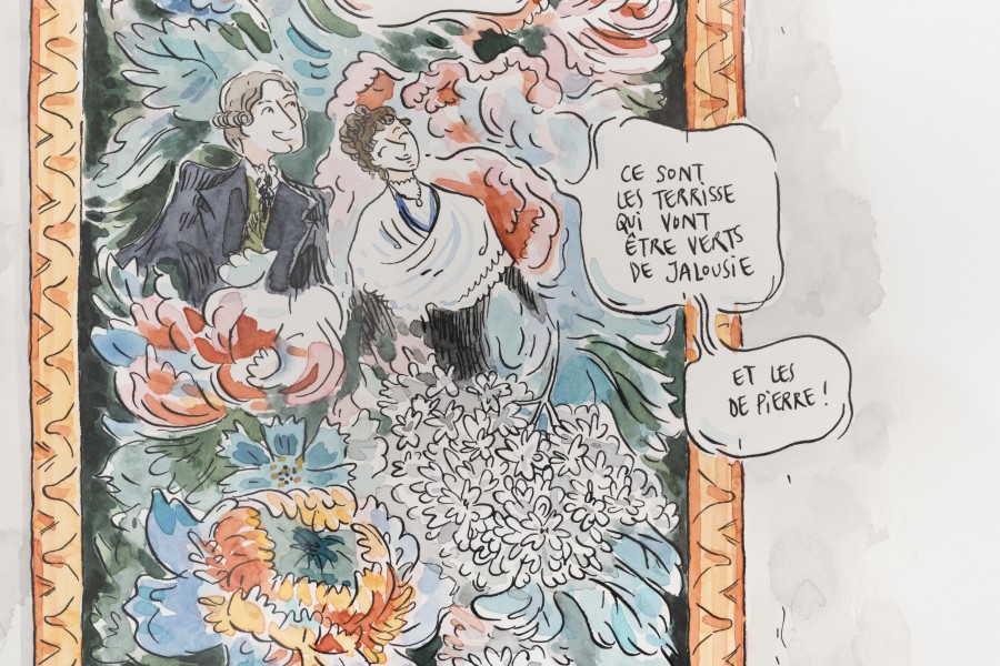 Fanny Vaucher, Dessins originaux n° 1 à 13 de la bande dessinée retraçant l’histoire des chambres tapissées de papier peint de La Bise noire (detail), 2021, Watercolour on paper, 42 × 29.6cm, Courtesy of Fanny Vaucher and the Swiss National Museum. Photo credits: marytwo