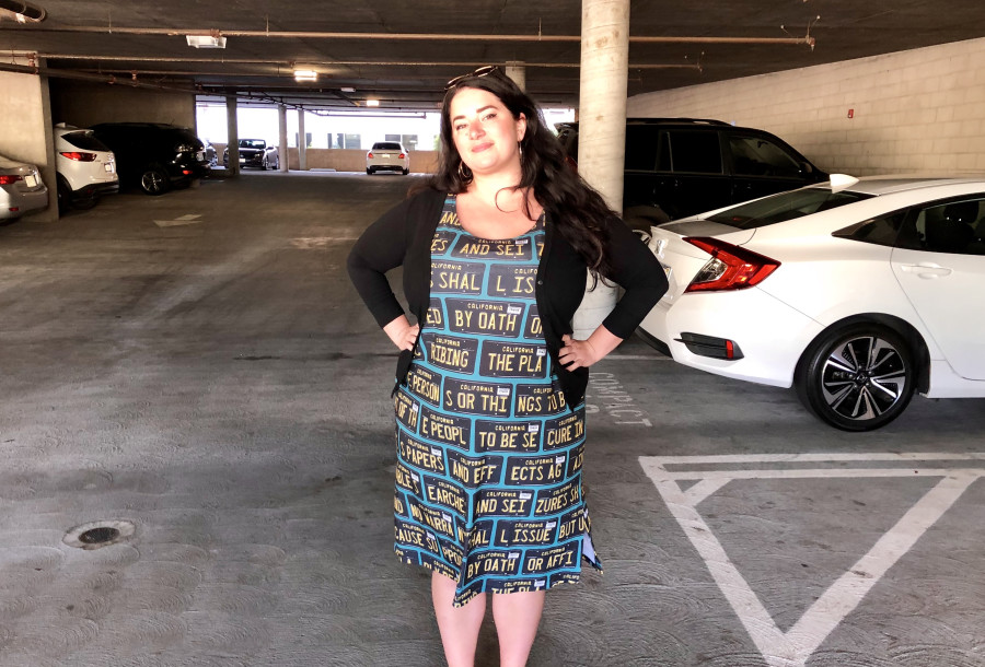 Kate Rose, wearing 4th Amendment Tank Dress by Adversarial Fashion, designed by Kate Rose, 2019 © Kate Rose