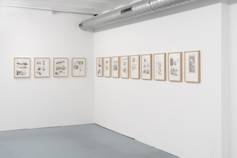 Fanny Vaucher, Dessins originaux n° 1 à 13 de la bande dessinée retraçant l’histoire des chambres tapissées de papier peint de La Bise noire, 2021, Watercolour on paper, 42 × 29.6cm, Courtesy of Fanny Vaucher and the Swiss National Museum. Photo credits: marytwo