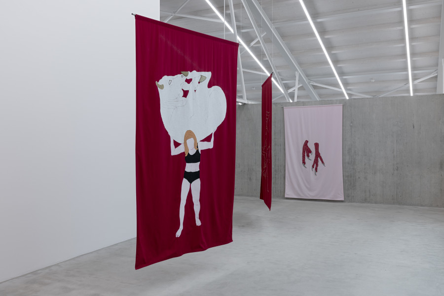 Hannah Cooke, Red Flags, 2023. Courtesy the artist. Ausstellungsansicht Kunsthaus Baselland 2025. Foto: Gina Folly