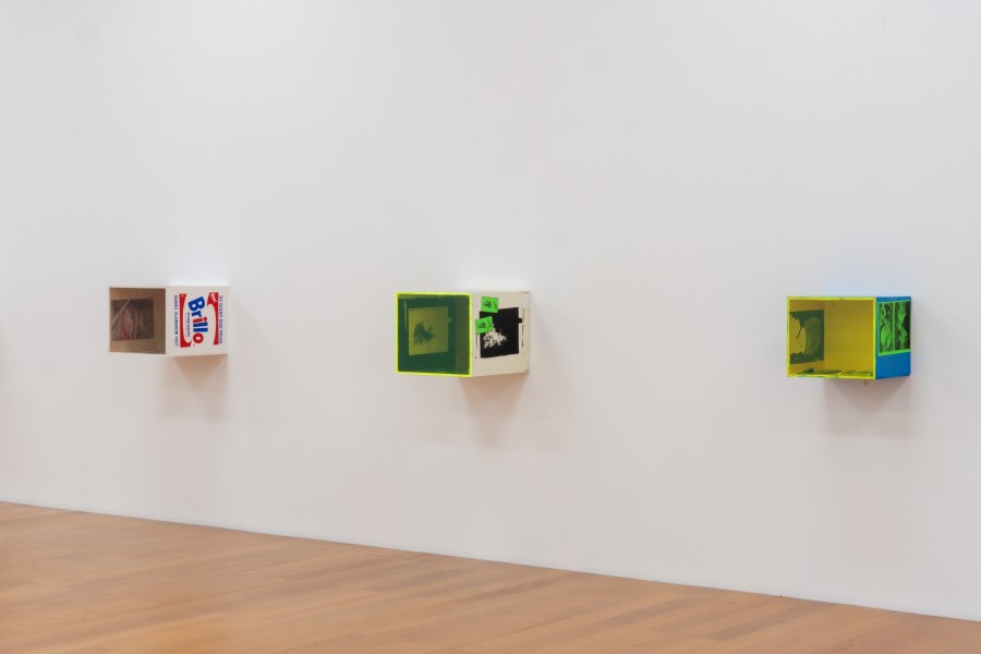 Installation view, Henrik Olesen and Isidore Isou, Demons Are Tearing Me Apart, Kunstmuseum Liechtenstein, 2025-2026. Boxes by Henrik Olesen. Photo: Sandra Maier. © Henrik Olesen/Kunstmuseum Liechtenstein, Vaduz