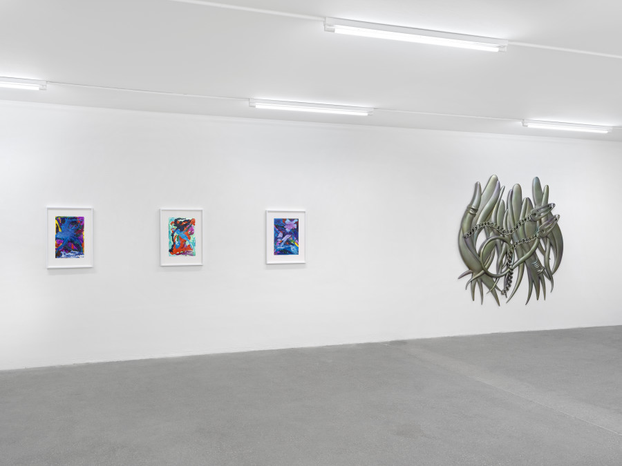 Ida Ekblad, Shuang Li, Vivian Suter, Group show, Installation view, Karma International, Zurich, 2024. Courtesy the artists and Karma International, Zurich. Photo: Annik Wetter