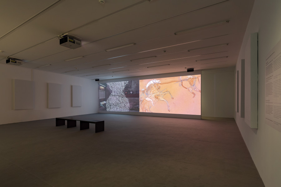 Installation view ‘Sky Hopinka – Behind the evening tide’, Luma Westbau, Zurich. Photo: Nelly Rodriguez