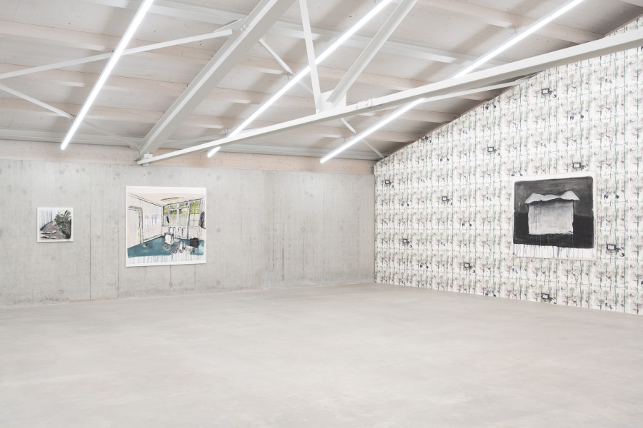 Tamara Al-Samerraei, Corridor 2, 2024; Studio Titon 1, 2025; Totem Shed, 2025. Courtesy of the artist and Marfa’ Projects, Beirut. Installation view Kunsthaus Baselland 2026. © Kunsthaus Baselland. Photo: Finn Curry / Kunsthaus Baselland