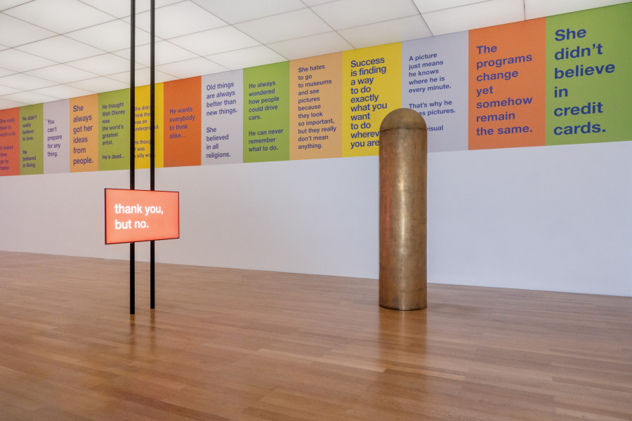 Installation view, Tony Cokes, Let Yourself Be Free, Kunstmuseum Liechtenstein, 2025-2026. Works by Tony Cokes, James Lee Byars. Photo credit: Sandra Maier. © Tony Cokes / estate of James Lee Byars / Kunstmuseum Liechtenstein