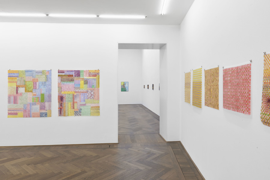 Installation view, Eine Karte -35/65+, view on (f.l.t.r.) Marie-Louise Leus, Brief an eine Freundin, 2018/19, Insalata Mista, 2019, 297 Sonnen, 2019, 370 Monde, 2019, Aus „Brief an eine Freundin“, Afghanistan, 2018, Scharlach, 2019, Kunsthalle Basel, 2019. Photo: Philipp Hänger / Kunsthalle Basel