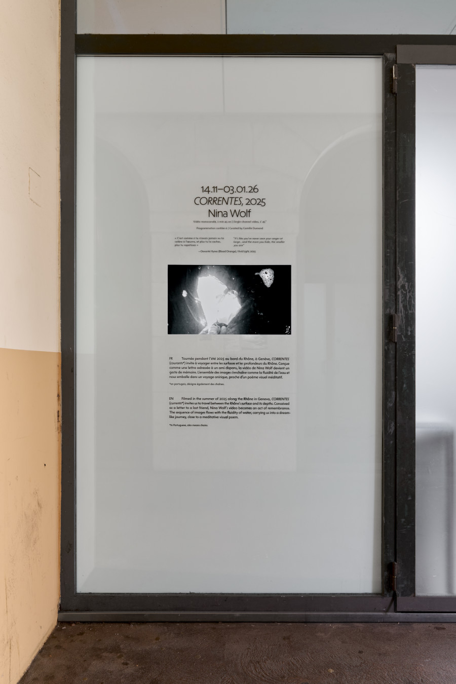 Exhibition view, Nina Wolf, CORRENTES, Halle Nord, Geneva, 2025. Photo credit: © Thomas Maisonnasse / Halle Nord, 2025