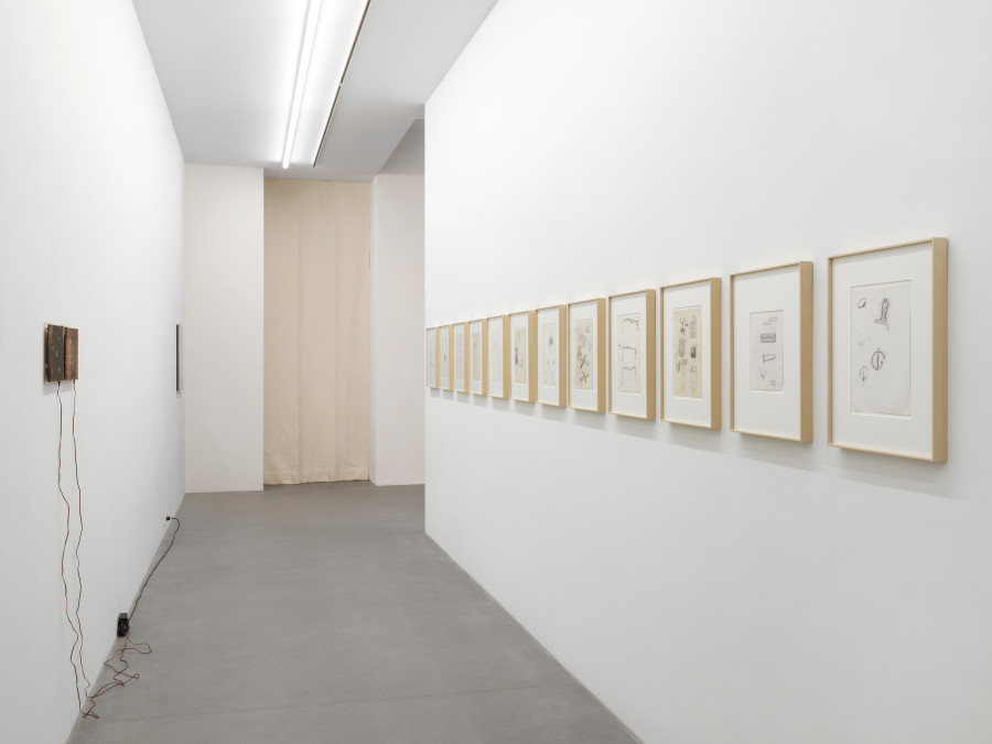 Installation view, Frequencies (and atmospheres), curated by Andreas Melas and Helena Papadopoulos, Galerie Eva Presenhuber, Waldmannstrasse, Zurich, 2023. © the artists. Courtesy the artists and Galerie Eva Presenhuber, Zurich / Vienna Photo: Stefan Altenburger Photography, Zürich.