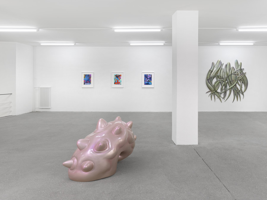 Ida Ekblad, Shuang Li, Vivian Suter, Group show, Installation view, Karma International, Zurich, 2024. Courtesy the artists and Karma International, Zurich. Photo: Annik Wetter