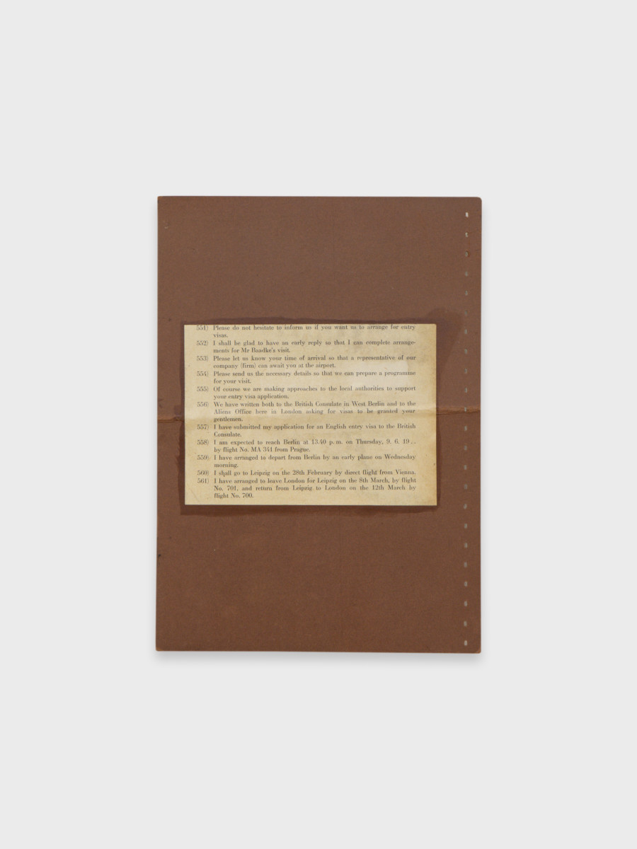 Rosa Aiello, Yours Faithfully (Please do not), 2022, Cardboard divider, wood, glue, paper from "Englische Geschäftsbriefe" by Günter Wichmann, Verlag Die Wirtschaft, Berlin, 1967, 9 1/8 x 6 5/8 x 7/8 in, 23.3 x 16.8 x 2.2 cm. Photo credit: Philipp Rupp / Julien Gremaud. Courtesy of the artists and Sentiment