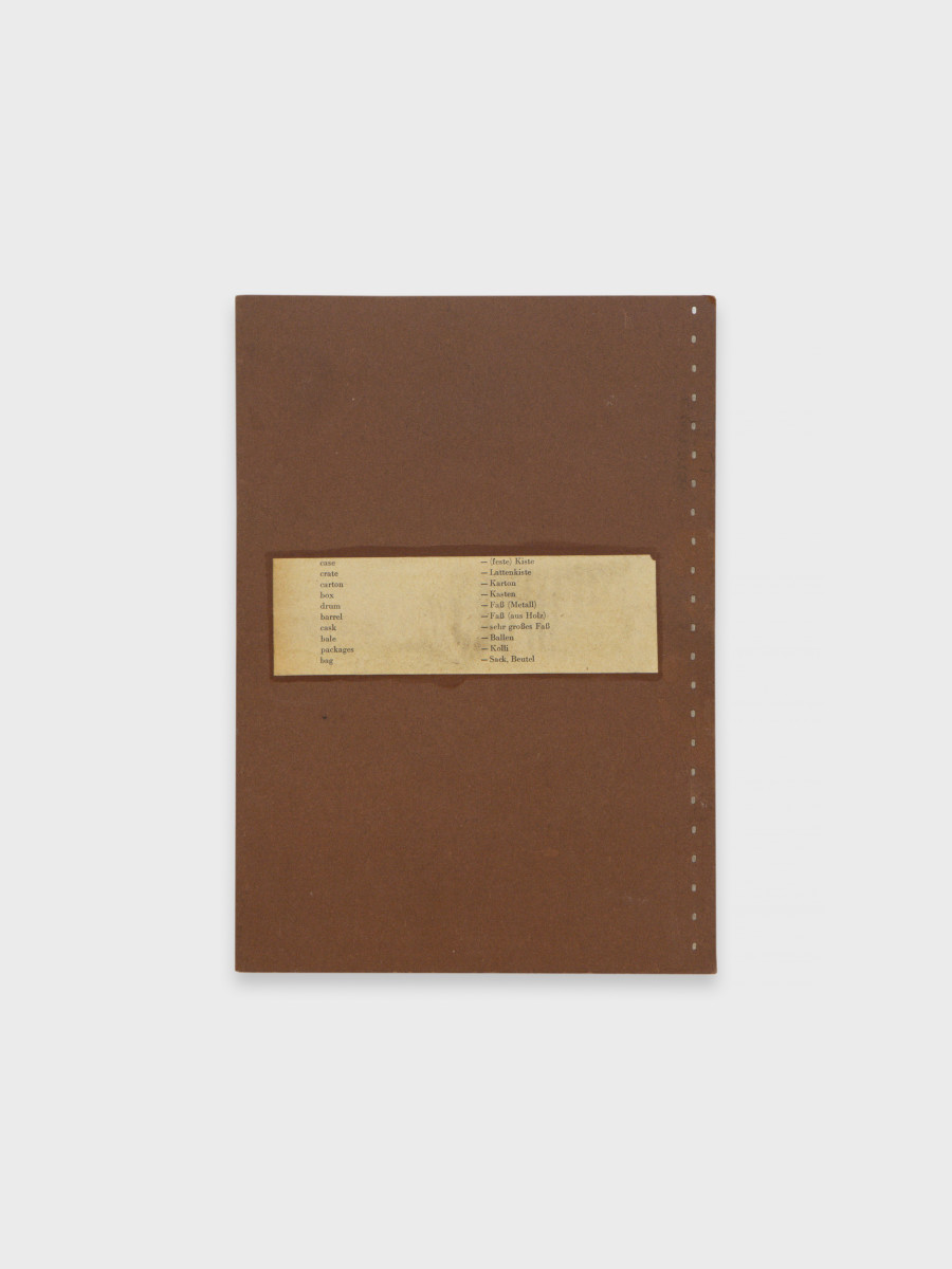 Rosa Aiello, Yours Faithfully (case (Feste) Kiste), 2022, Cardboard divider, wood, glue, paper from "Englische Geschäftsbriefe" by Günter Wichmann, Verlag Die Wirtschaft, Berlin, 1967, 9 1/8 x 6 5/8 x 7/8 in, 23.3 x 16.8 x 2.2 cm. Photo credit: Philipp Rupp / Julien Gremaud. Courtesy of the artists and Sentiment