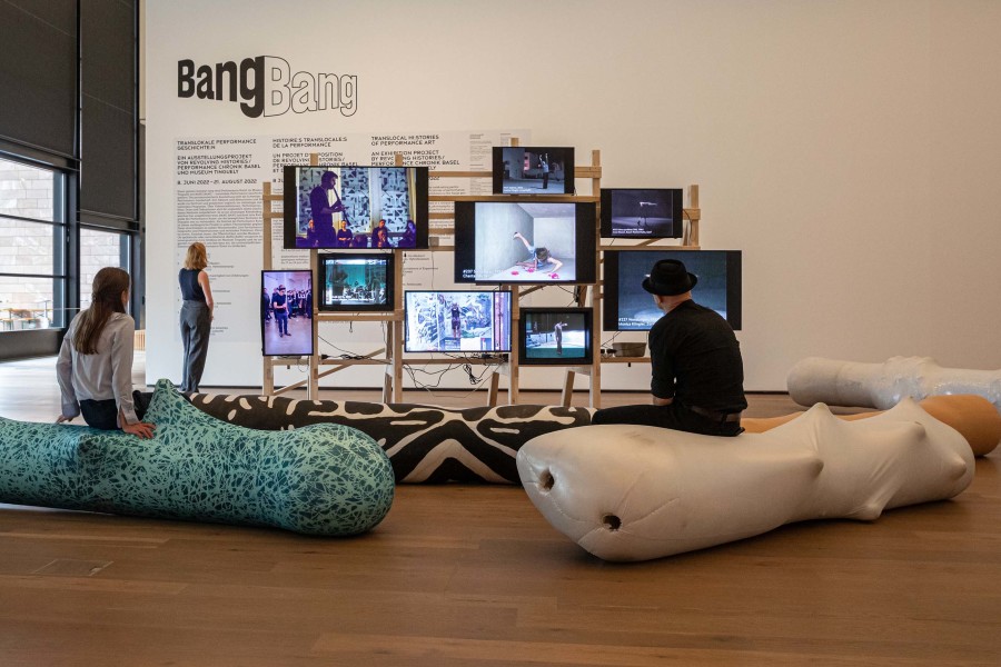 Installation view video ensembles in the exhibition BANG BANG © 2022 Museum Tinguely, Basel; photo: Matthias Willi