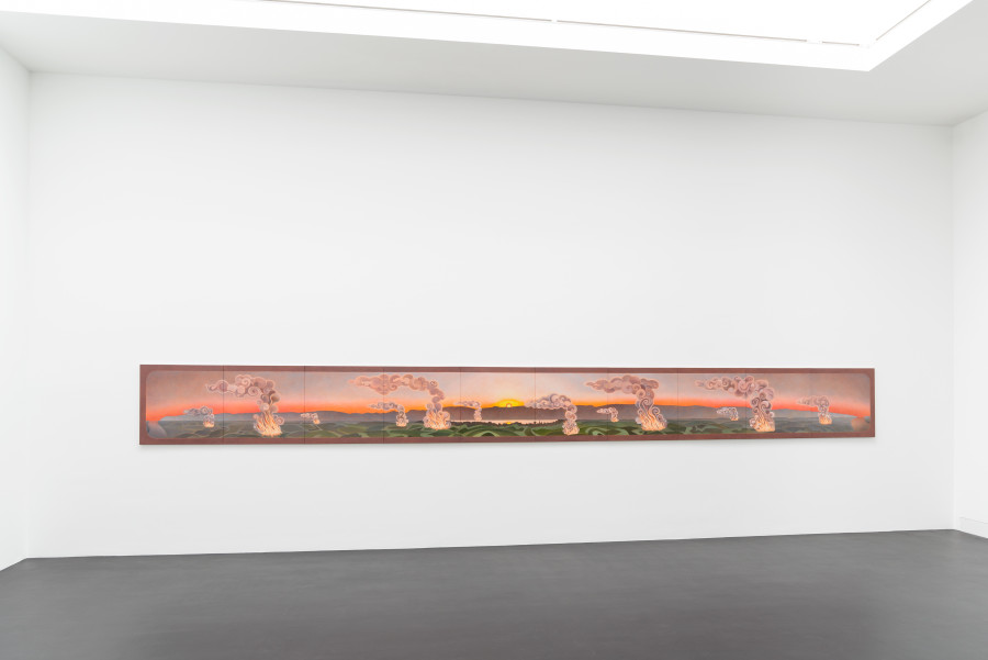 Caroline Bachmann, 58 av. J.-C., 2020. Oil on canvas (10 elements), 80 x 800 x 2.2 cm. Installation view, Galerie Gregor Staiger, Zurich