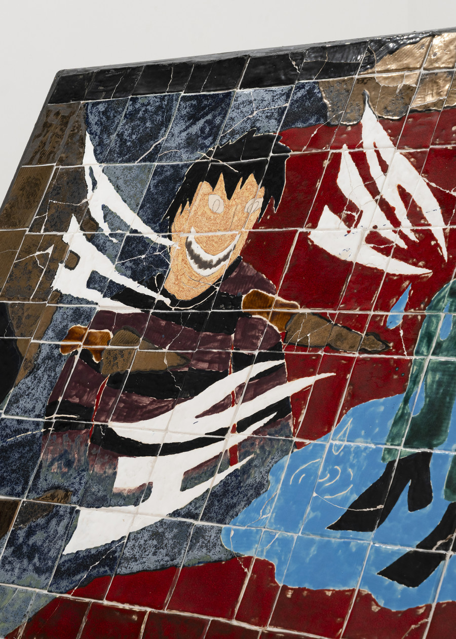 Detail of Tristebacio Club, Paranoia, 2024. Wood, glazed, ceramics, 120 x 175 x 210 cm. Ph by Riccardo Giancola. Images courtesy of artists and La Rada, Photography by Riccardo Giancola (@riccardo_giancola) and Emanuele Finardi (@e.m.hey)