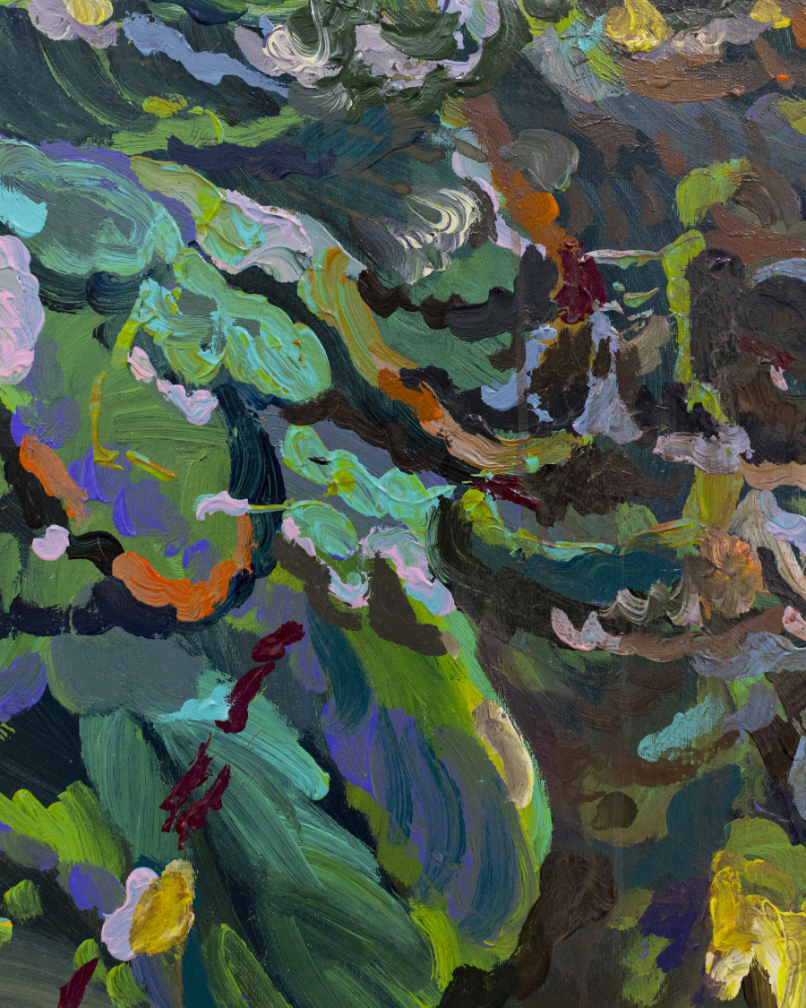 Michele Gabriele, “Study for the Plumage of a Parrot. An Unbothered, Sad, and Cringe Parrot. Indifferent to its Context.” (detail), from the Solo Show “Brambora” at Kaly Gallery, Lucerne, CH, Acrylic and mixed media on canvas, 78 3/4 x 59 in, 200 x 150 cm, 2025. Courtesy of the Artist and Kali Gallery. Photo by Kim da Motta