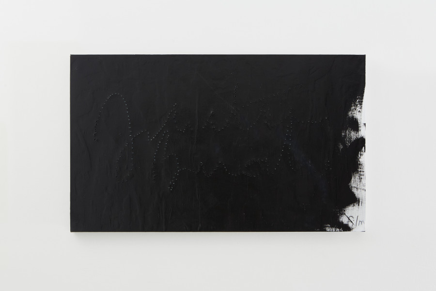 Valentina Vaccarella, Three Colors: Blue, 2026. Oil, inkjet and holes on canvas. 60 × 101 cm. Photo credit: Philipp Rupp