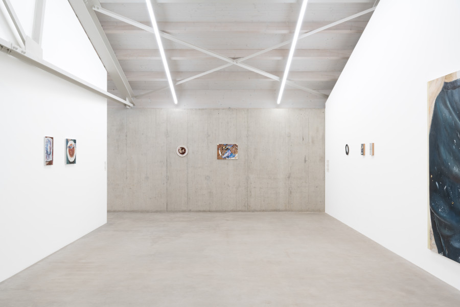 Mireille Blanc, Paillettes, 2022; Yeti, 2024; Candles, 2025; Anniv (J), 2024; Palette, tape, 2025. Courtesy of the artist and Galerie Anne-Sarah Bénichou. Mireille Blanc, Oeufs, 2023; Refrain, 2023; Astérisme, 2018. Courtesy of the artist and THE PILL ®. Installation view Kunsthaus Baselland 2026. © 2026, ProLitteris, Zurich. Photo: Finn Curry / Kunsthaus Baselland