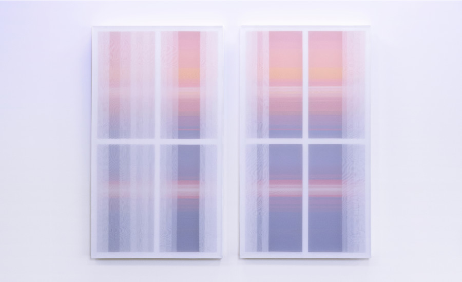 Patric Sandri, Untitled (VWS230216ILW), Acrylic on wood, transparent polyester fabrics, 160 x 90 x 9 cm each, 2024. Photo: Oliver Kümmerli / Courtesy: The artist and Die Mobiliar