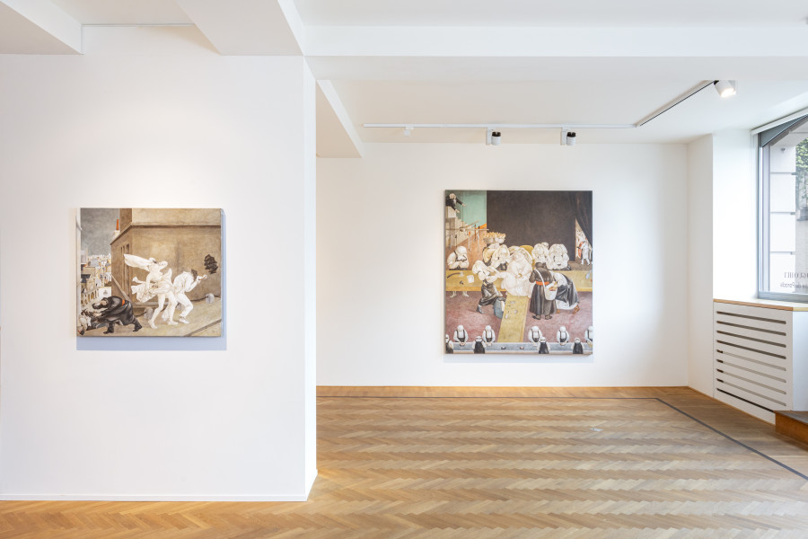 Installation shots of "Le Théâtre du Paradis" with works by Xiao Guo Hui, exhibited at Galerie Fabian Lang, Zurich, (23 November 2023 - 20 January 2024). Credit: Courtesy of the artist and Galerie Fabian Lang. Copyright: © Galerie Fabian Lang