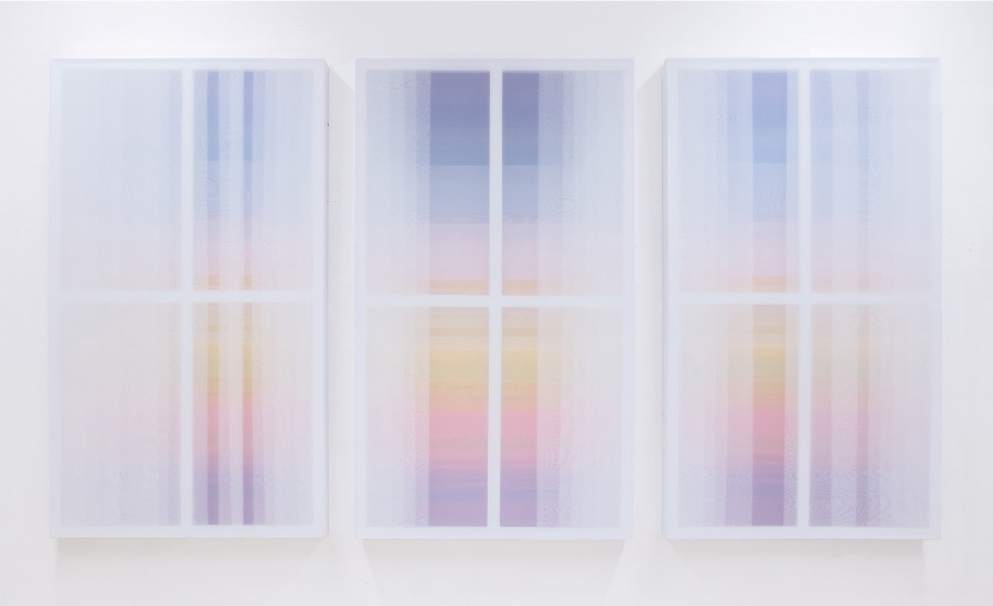 Patric Sandri, Untitled (VWS231017GUM), Acrylic on wood, transparent polyester fabrics, 160 x 90 x 9 cm each, 2024. Photo: Oliver Kümmerli / Courtesy: The artist and Die Mobiliar