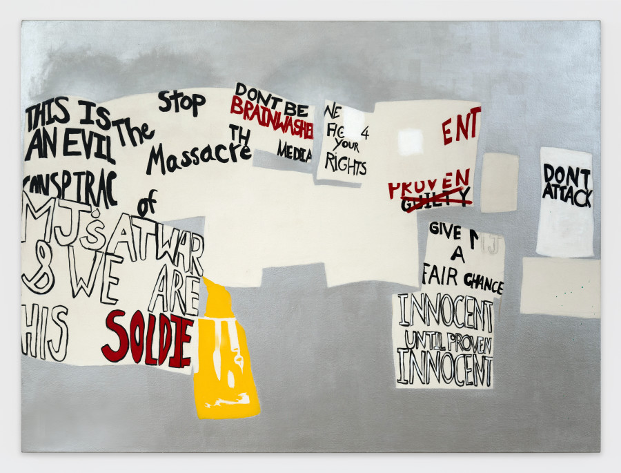 Rochelle Feinstein, We Love You, 2004. Oil, aluminum paint on canvas, 121.9 × 162.6 cm ( 48 x 64 inches ), FEINS111796