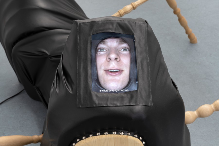 Collectif Je t’aime, If the collective was a tattoo, how many laser sessions would it take to erase it? (detail), 2025, Turned wood, faux leather, and 2-channel video, 82 × 160 × 200 cm, 15:31’, 09:15’ Video credits: Lester Kielstein. Photo credits: marytwo