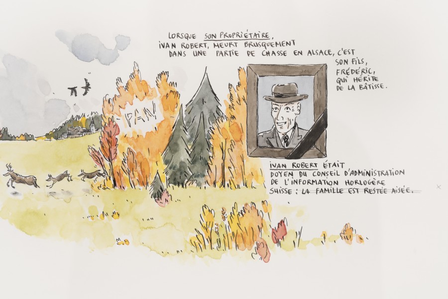 Fanny Vaucher, Dessins originaux n° 1 à 13 de la bande dessinée retraçant l’histoire des chambres tapissées de papier peint de La Bise noire (detail), 2021, Watercolour on paper, 42 × 29.6cm, Courtesy of Fanny Vaucher and the Swiss National Museum. Photo credits: marytwo
