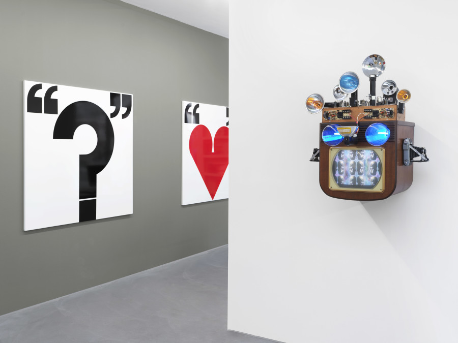 Exhibition view, New Ideas for Other Times, von Bartha, 2024, view f.l.t.r. on Barbara Stauffacher Solomon, “?” Supersign, and, “HEART” Supersign, both 2021; Nam June Paik, Fractal Flasher, 1994. Photo: Philipp Hänger / von Bartha