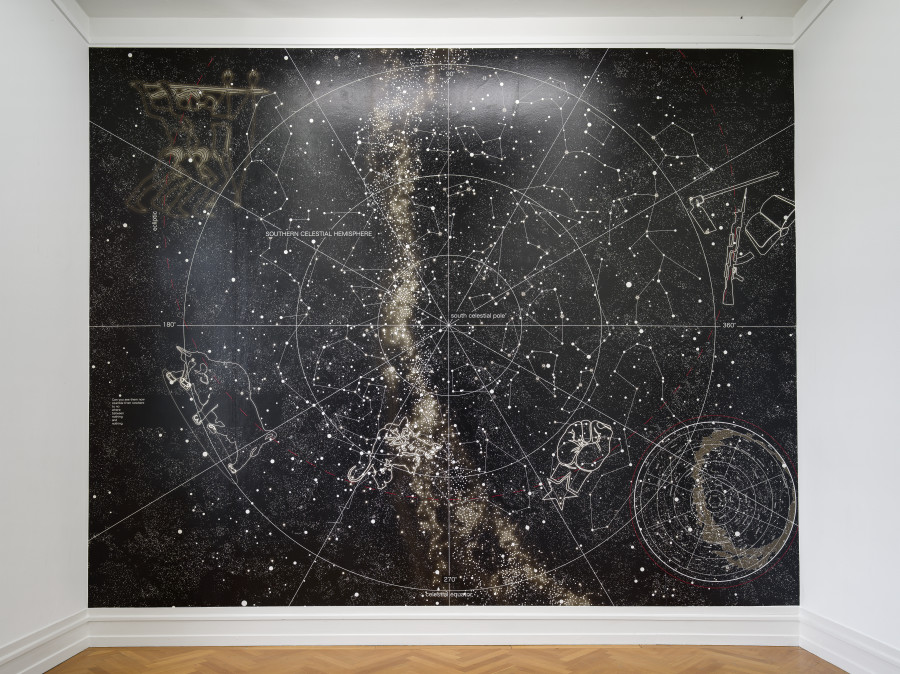 Nolan Oswald Dennis, Black Liberation Zodiac (Bern_south), 2023, Annotated wallpaper. Courtesy the artist and Goodman Gallery, Johannesburg; photo: Cedric Mussano