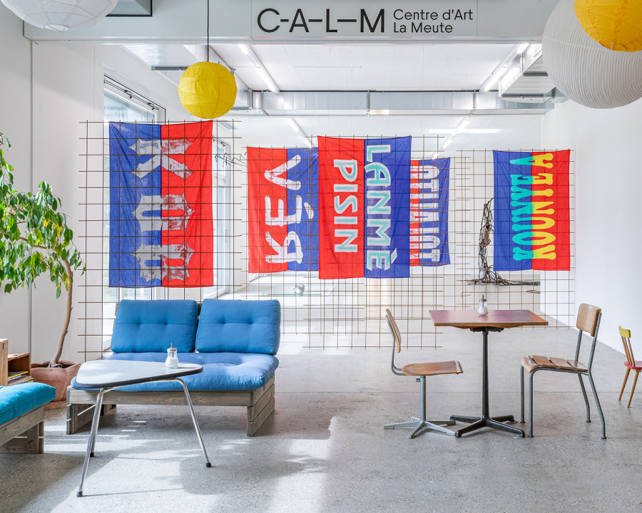 Exhibition view ‘This is the time of sweet sweet change for us all’; Gaëlle Choisne, Temple of Love - To be Ascetic (Totalito), 2021, hand-painted flags on metal grids, 96.5 x 147 cm (each), CALM - Centre d'Art La Meute, Lausanne, Switzerland, 2024 / Photo: Théo Dufloo / Courtesy of the artist, Air de Paris gallery and CALM - Centre d'Art La Meute.