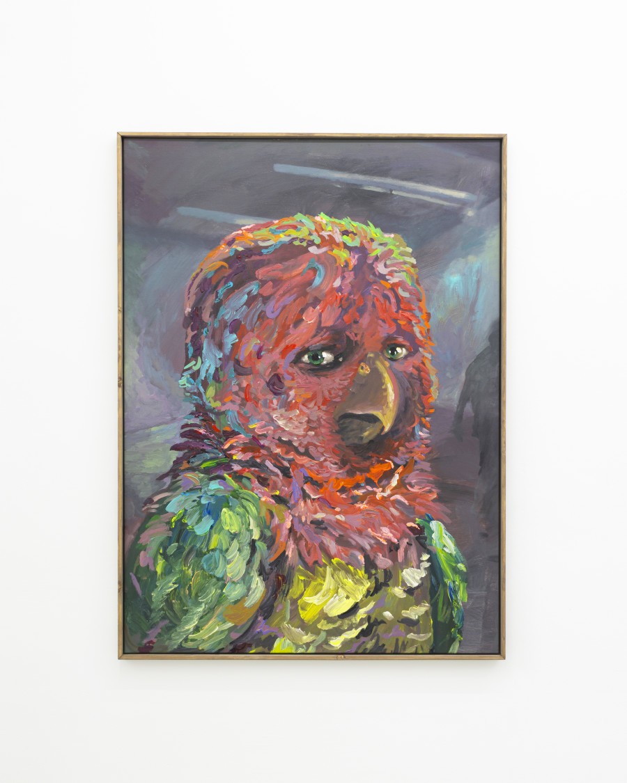 Michele Gabriele, “Portrait of a Parrot. An Unbothered, Sad, and Cringe Parrot. Indifferent to its Context.”, from the Solo Show “Brambora” at Kaly Gallery, Lucerne, CH, Acrylic on canvas, artist frame, 51 1/8 x 37 3/8 in, 130 x 95 cm, 2025. Courtesy of the Artist and Kali Gallery. Photo by Kim da Motta