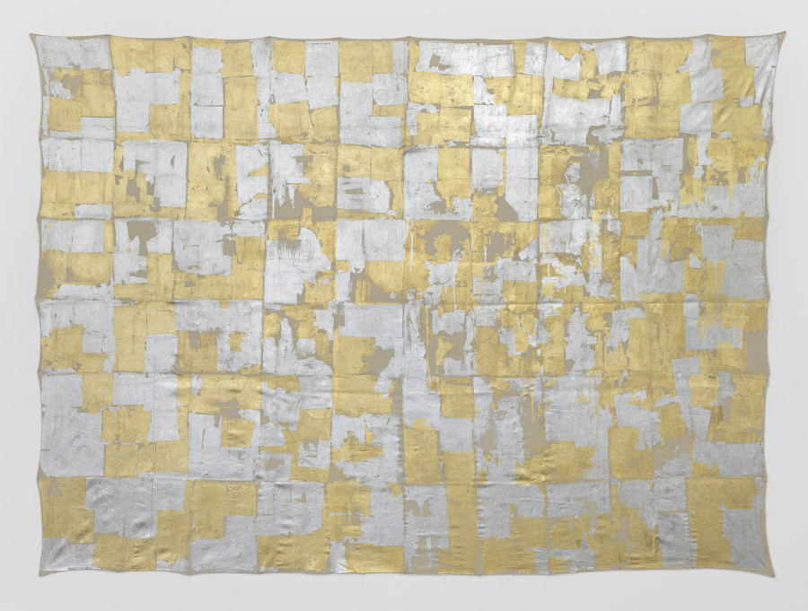 Rochelle Feinstein, Plein Air VII, 2021. Gold, aluminum leaf on dropcloth, 274.32 × 335.28 cm ( 108 x 132 inches ), FEINS112167