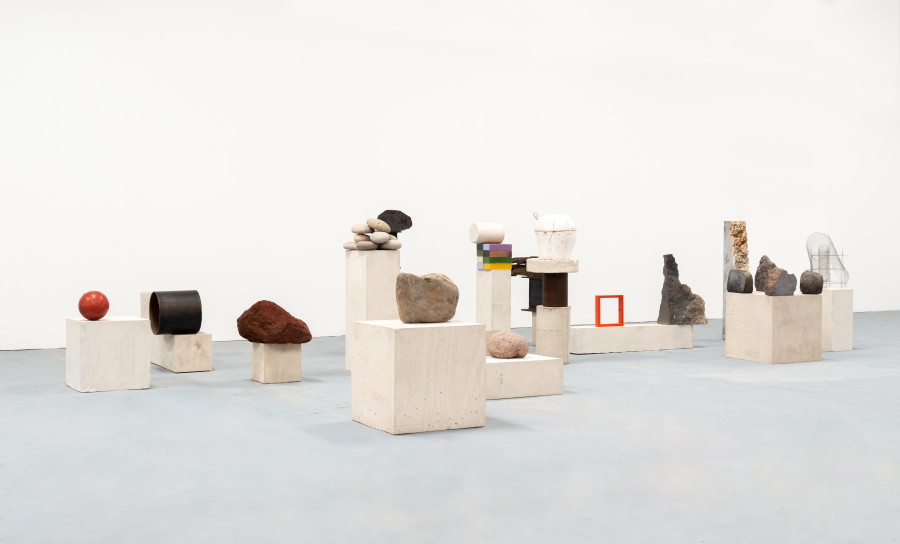 Jose Dávila, Singularity has something of the unreal, 2022, Concrete, boulders, rocks, marble, metal, wood, enameled bricks, plaster, and bowling ball, 141 x 479 x 790 cm. Photo: Agustín Arce