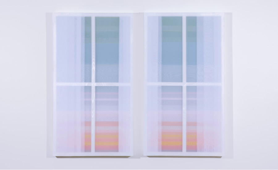 Patric Sandri, Untitled (VWS231118AJRT), Acrylic on wood, transparent polyester fabrics, 160 x 90 x 9 cm each, 2024. Photo: Oliver Kümmerli / Courtesy: The artist and Die Mobiliar