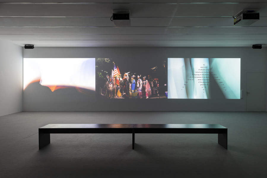 Installation view ‘Sky Hopinka – Behind the evening tide’, Luma Westbau, Zurich. Photo: Nelly Rodriguez