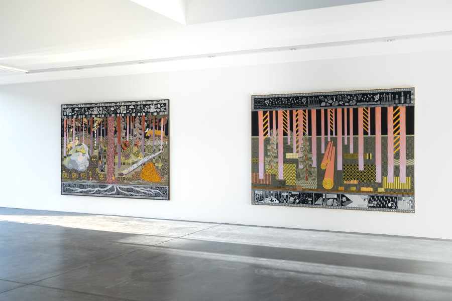 Emilia Bergmark, exhibition view, Going, Going, Gone., view on Boreal Natural Forest and Boreal Tree Plantation, both 2025, von Bartha, Basel, 2026. Photo: Finn Curry / von Bartha. Courtesy of the artist and von Bartha.