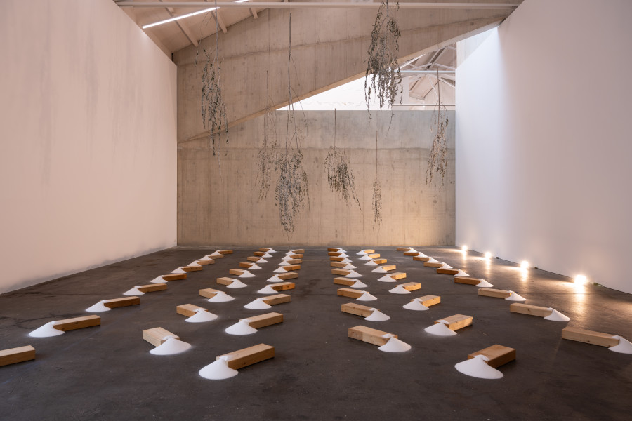 Eva Lootz. Salario, 2004. Courtesy the artist. Ausstellungsansicht / Installation view Kunsthaus Baselland 2025. Foto / Photo: Finn Curry