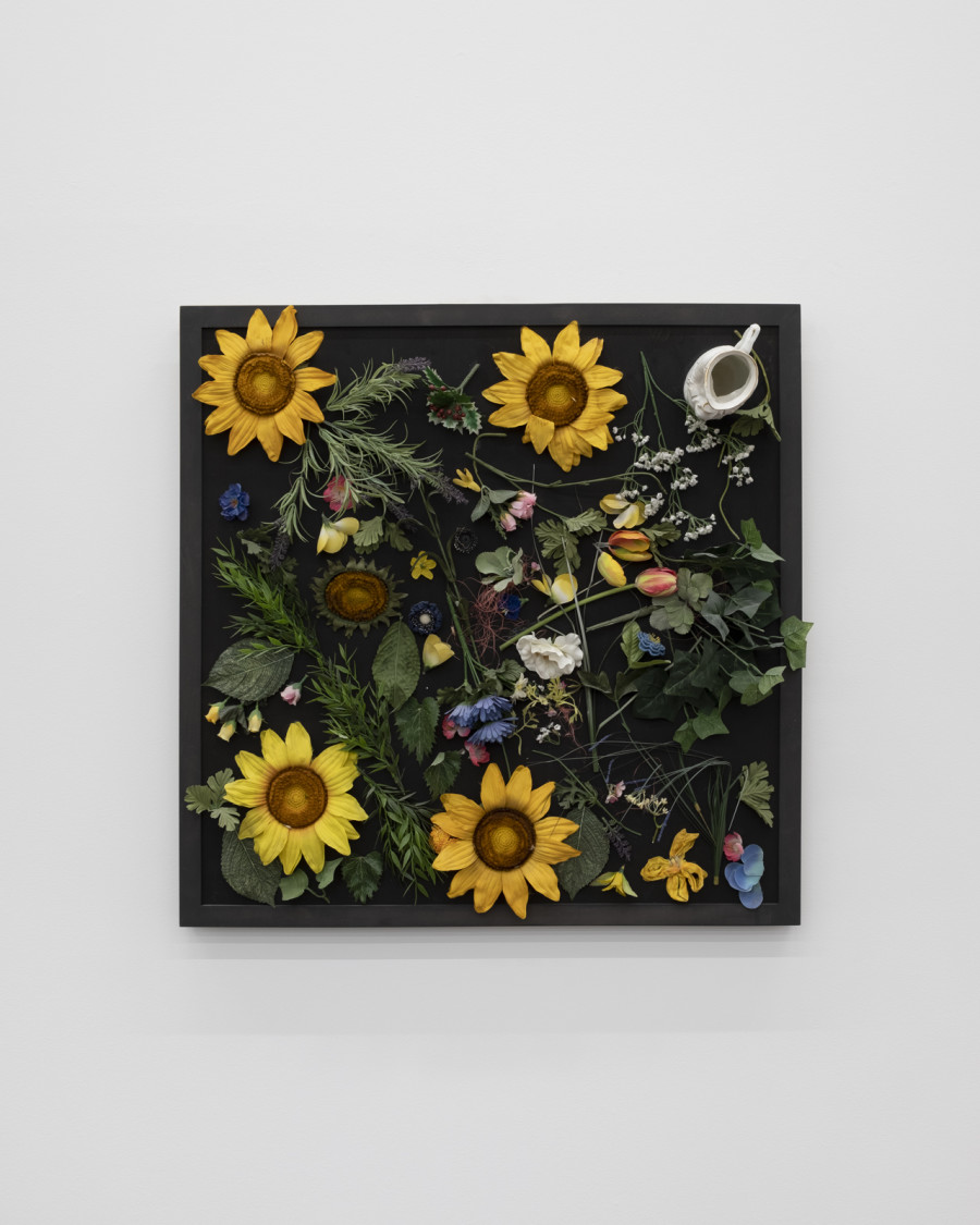 Daniel Spoerri, Ohne Titel (Schwarze Serie, "mit Sonnenblumen"), 2021, Assemblage, 84.5 x 84.5 x 20 cm, 33 1/4 x 33 1/4 x 7 7/8 in. Courtesy of the artist and Karma International, Zurich. Photo credits: Isabel Rotzler