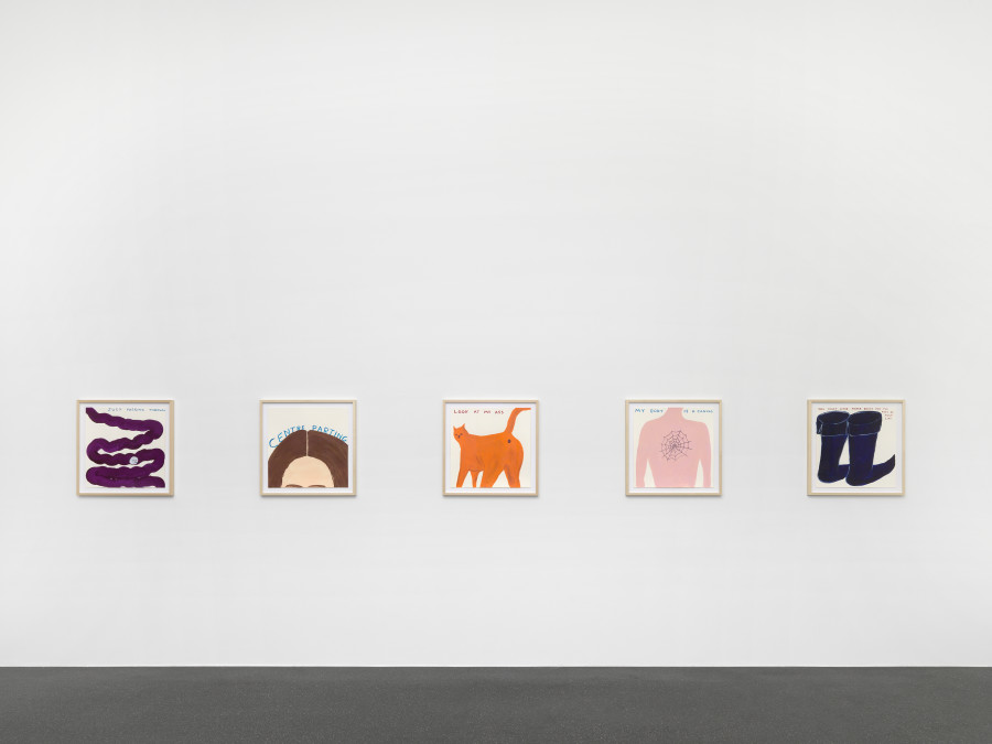 Installation view, David Shrigley, Proposals for Record Covers, Galerie Francesca Pia, Zurich, 2022. Photo: Annik Wetter