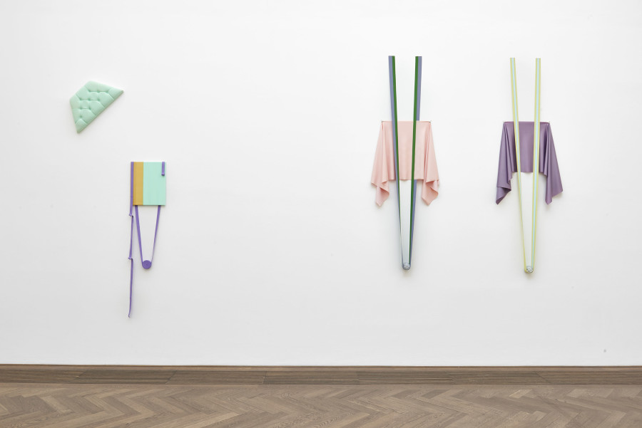 Installation view, Eine Karte -35/65+, view on (f.l.t.r.) Jorinde Fischer, Untitled, 2019, Soft Pull_4, 2019, Soft Pull_3, 2019, Kunsthalle Basel, 2019. Photo: Philipp Hänger / Kunsthalle Basel