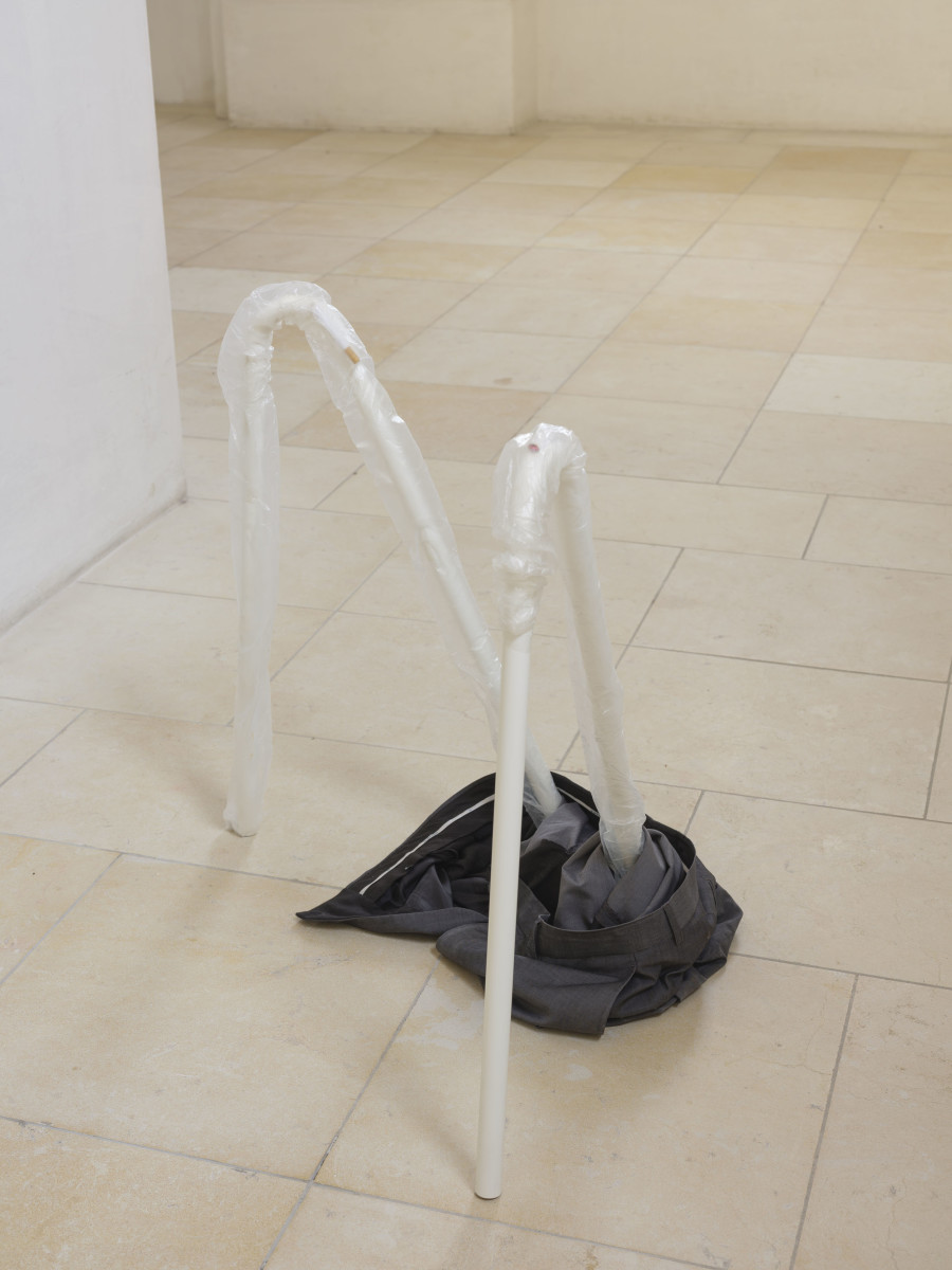 Jean-Charles de Quillacq, Father Polysexual, 2019. Aluminum, father’s work pants, paper cigarettes, plastic, 73 x 80 x 25 cm. Photo credit: Sebastian Verdon / Abbatiale Bellelay