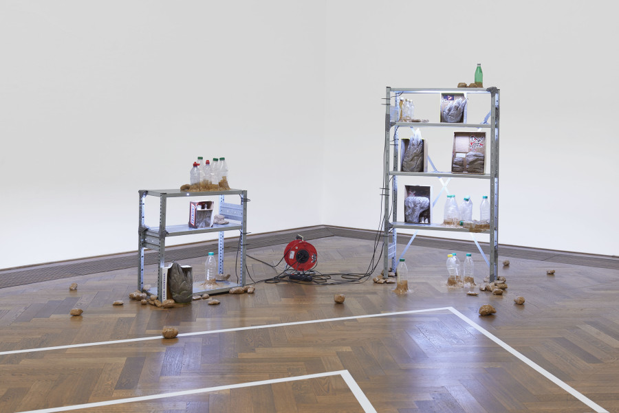 Installation view, Situation 1 und andere, Kunsthalle Basel, 2020, view on Cyril Tyrone Hübscher, SHTF-scenario, 2020. Photo: Philipp Hänger / Kunsthalle Basel