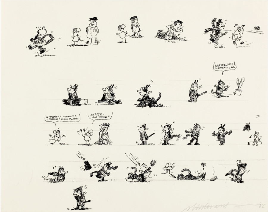 Sturtevant, Krazy Kat, 1983, Ink and graphite pencil on paper, passe-partout, frame, 20.7 × 24.6 cm