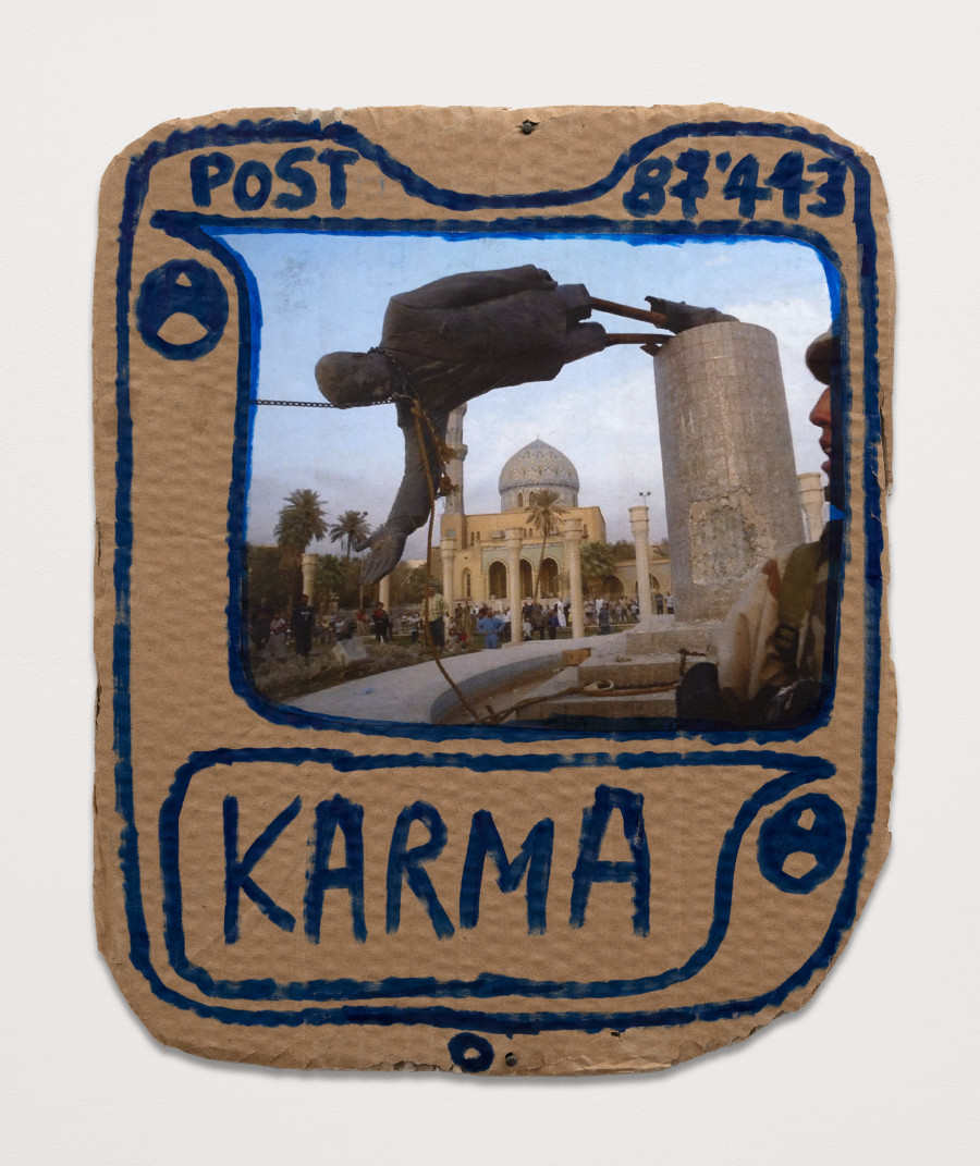 Thomas Hirschhorn, Post (KARMA 2), 2024, Cardboard, print and felt pencil, 33 x 27 cm. Photo credit: Jonathan Dirlewanger